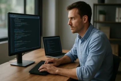 Programozó a számítógép előtt, kódolás és teljesítményoptimalizálás.