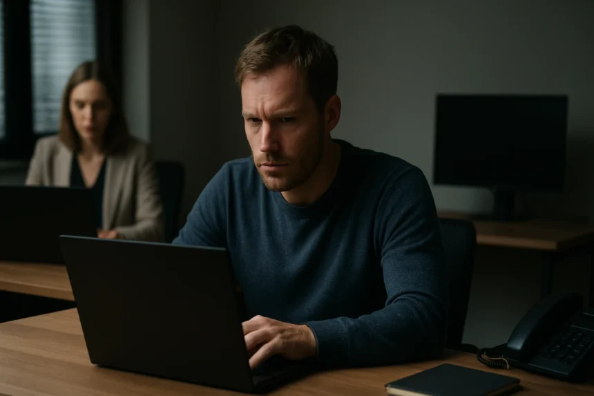 Kiberbiztonsági elemző számítógép előtt, titkosítás és STO elvek alkalmazásában.