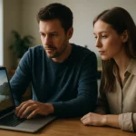 Két ember laptopon keresztül webfejlesztési technikákat tanulmányoz.