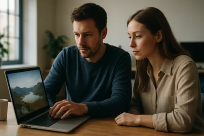 Két ember laptopon keresztül webfejlesztési technikákat tanulmányoz.