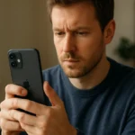 Férfi iPhone-t használva, az Apple okostelefon jellemzői