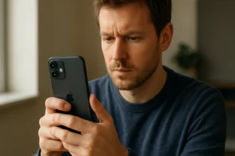 Férfi iPhone-t használva, az Apple okostelefon jellemzői