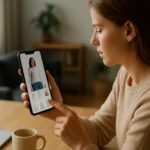 Nő interaktív videó vásárlás közben okostelefonon.