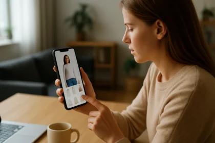 Nő interaktív videó vásárlás közben okostelefonon.