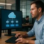 Férfi a felhőnatív hálózati funkciókról szóló képernyő előtt gépel.