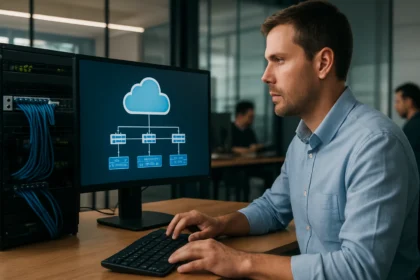 Férfi a felhőnatív hálózati funkciókról szóló képernyő előtt gépel.