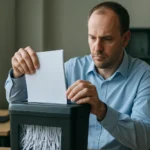 Férfi papírt helyez el aprítógépbe az adatmegsemmisítés folyamatában.