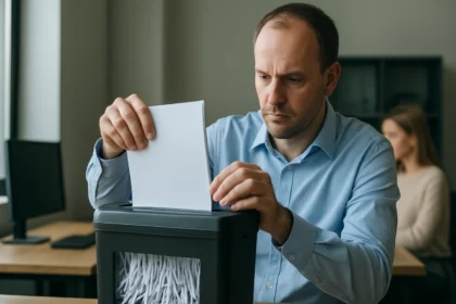 Férfi papírt helyez el aprítógépbe az adatmegsemmisítés folyamatában.