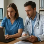 Két egészségügyi szakember a modern technológiával dolgozik.