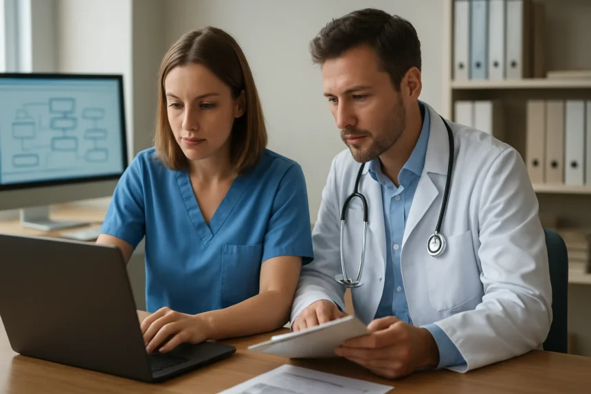 Két egészségügyi szakember a modern technológiával dolgozik.