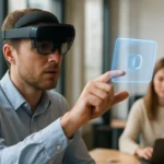 Férfi kevert valóság headsetben digitális objektumot kezel