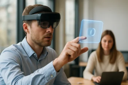 Férfi kevert valóság headsetben digitális objektumot kezel