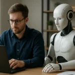 Férfi dolgozik egy laptopnál, robot segíti őt az IT világában.