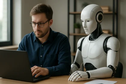 Férfi dolgozik egy laptopnál, robot segíti őt az IT világában.