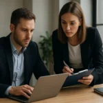 Két üzletember együtt dolgozik informatikai biztonsági jelentésen.