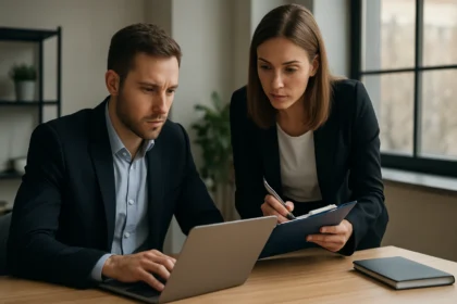 Két üzletember együtt dolgozik informatikai biztonsági jelentésen.