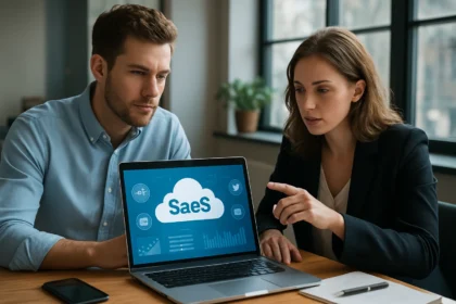 Két szakember egyeztet a SaaS szoftverfejlesztésről