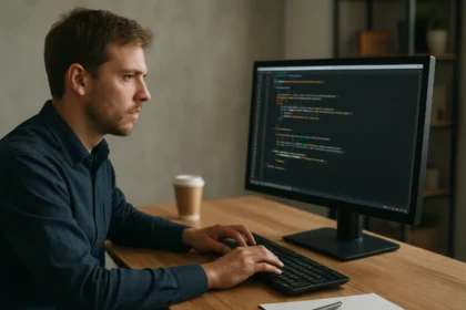 Programozó dolgozik a számítógépén, kódot írva.