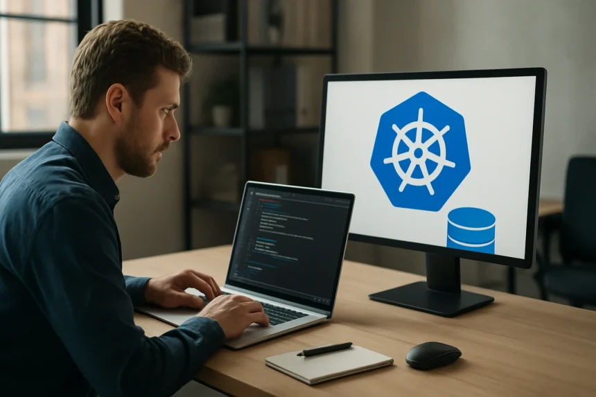 Férfi programozó, aki Kubernetes logót néz a monitoron, laptopon kódot ír.