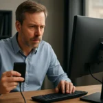 Férfi számítógépezik és adatokat kezel egy külső tárolóval.