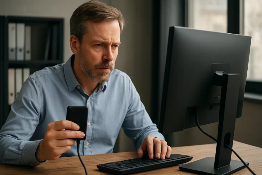 Férfi számítógépezik és adatokat kezel egy külső tárolóval.