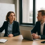 Stratégiai vezetés bemutató interakció során üzleti környezetben.