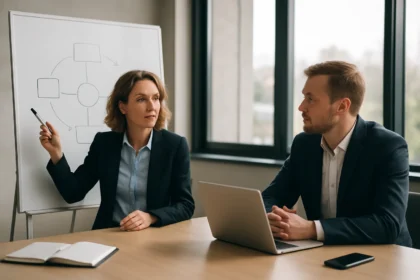 Stratégiai vezetés bemutató interakció során üzleti környezetben.