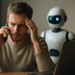 Férfi kétségbeesetten beszél telefonon, háttérben egy robot.