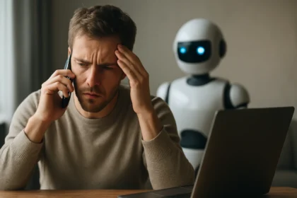 Férfi kétségbeesetten beszél telefonon, háttérben egy robot.