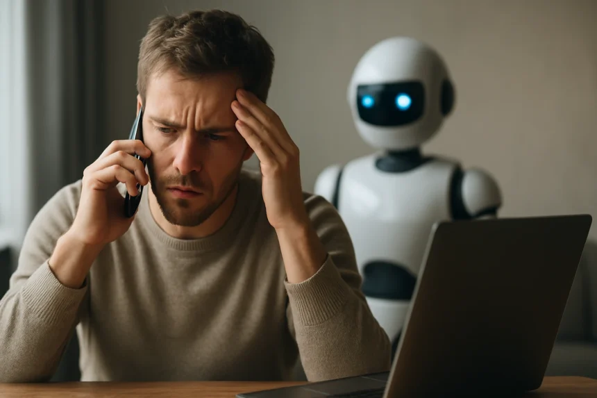 Férfi kétségbeesetten beszél telefonon, háttérben egy robot.