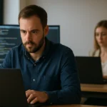 Programozó dolgozik a laptopján, háttérben kiberbiztonsági elemzés.