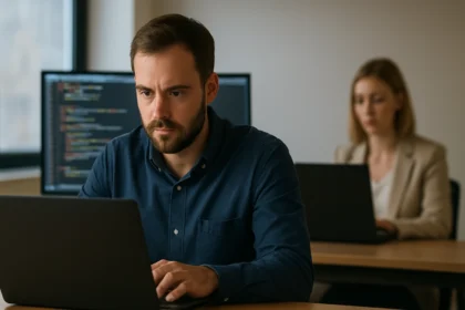 Programozó dolgozik a laptopján, háttérben kiberbiztonsági elemzés.