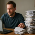 Férfi a számítógép előtt, körülötte levelek halmaza, stresszes pillanat.