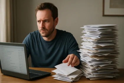 Férfi a számítógép előtt, körülötte levelek halmaza, stresszes pillanat.