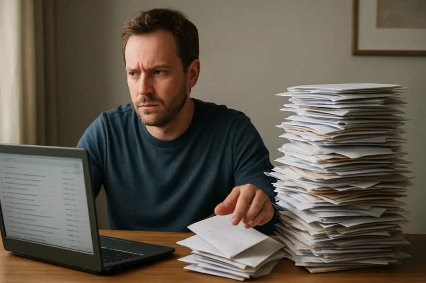 Férfi a számítógép előtt, körülötte levelek halmaza, stresszes pillanat.