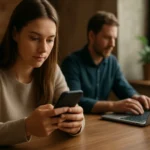 Két ember használ digitális eszközöket egy kávézóban, microblogging céljából.