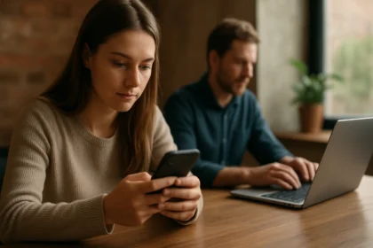 Két ember használ digitális eszközöket egy kávézóban, microblogging céljából.