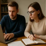 Két fiatal munkatárs, akik számítógépen dolgoznak és jegyzetelnek.