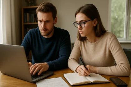 Két fiatal munkatárs, akik számítógépen dolgoznak és jegyzetelnek.