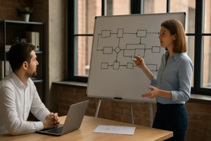 Egy nő értékáram-térképezést magyaráz egy férfinak egy megbeszélés során.