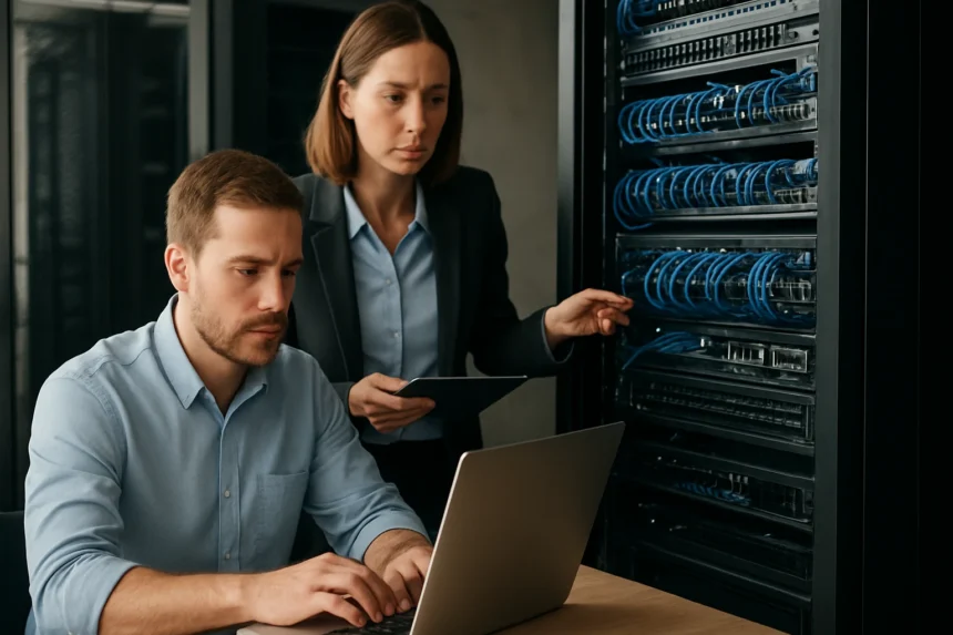 Két IT szakember dolgozik a hálózati szolgáltatásfelderítésen.
