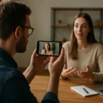 Két személy digitális médiában ripcordingot készít egy interjú során.