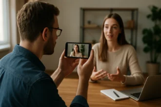 Két személy digitális médiában ripcordingot készít egy interjú során.