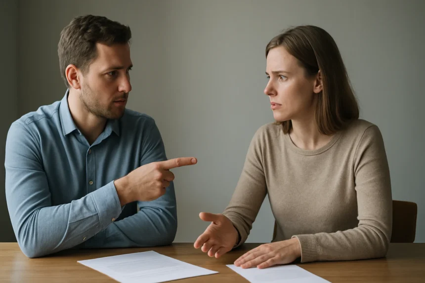 Két ember beszélget egy asztalnál, papírokkal, logikai különbségekről vitatkoznak.