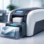 Kiemelt plasztik kártya nyomtatási folyamat modern irodai környezetben és márka megjelenítéssel