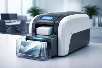 Kiemelt plasztik kártya nyomtatási folyamat modern irodai környezetben és márka megjelenítéssel