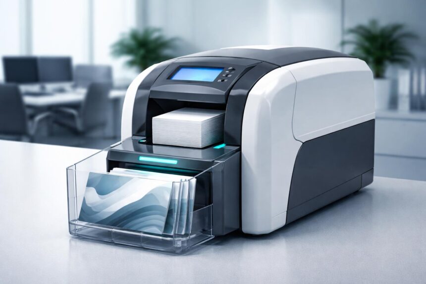 Kiemelt plasztik kártya nyomtatási folyamat modern irodai környezetben és márka megjelenítéssel