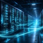 - AI-vezérelt adatközpontokban GPU-alapú számítások és fejlett hűtési rendszerek láthatók, energiafogyasztás központban.