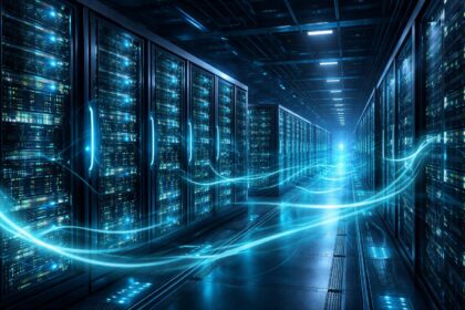 - AI-vezérelt adatközpontokban GPU-alapú számítások és fejlett hűtési rendszerek láthatók, energiafogyasztás központban.