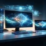 Képek egy modern AI-PC rendszer bemutatóról otthoni és irodai környezetben.